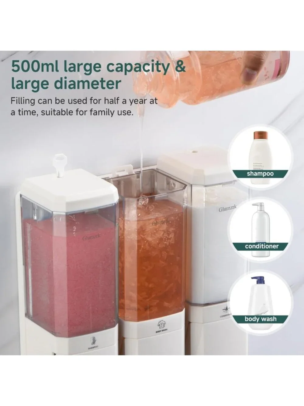 Wall-Mounted 3-Chamber Shampoo & Conditioner Dispenser - No Drill, Refillable